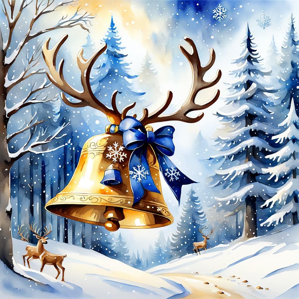 Christmas Bell in Snowy Watercolor Landscape
