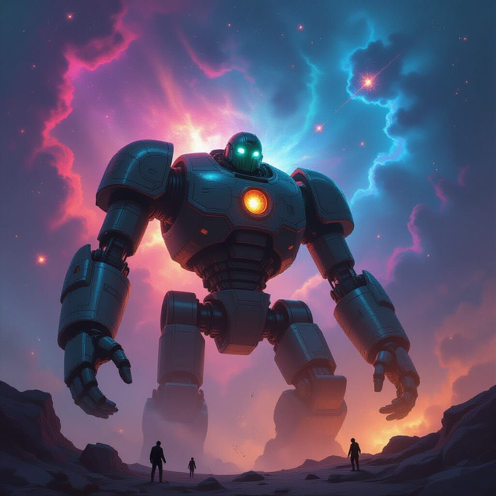 Ancient Automaton Awakens in Cosmic Storm, Painterly Style