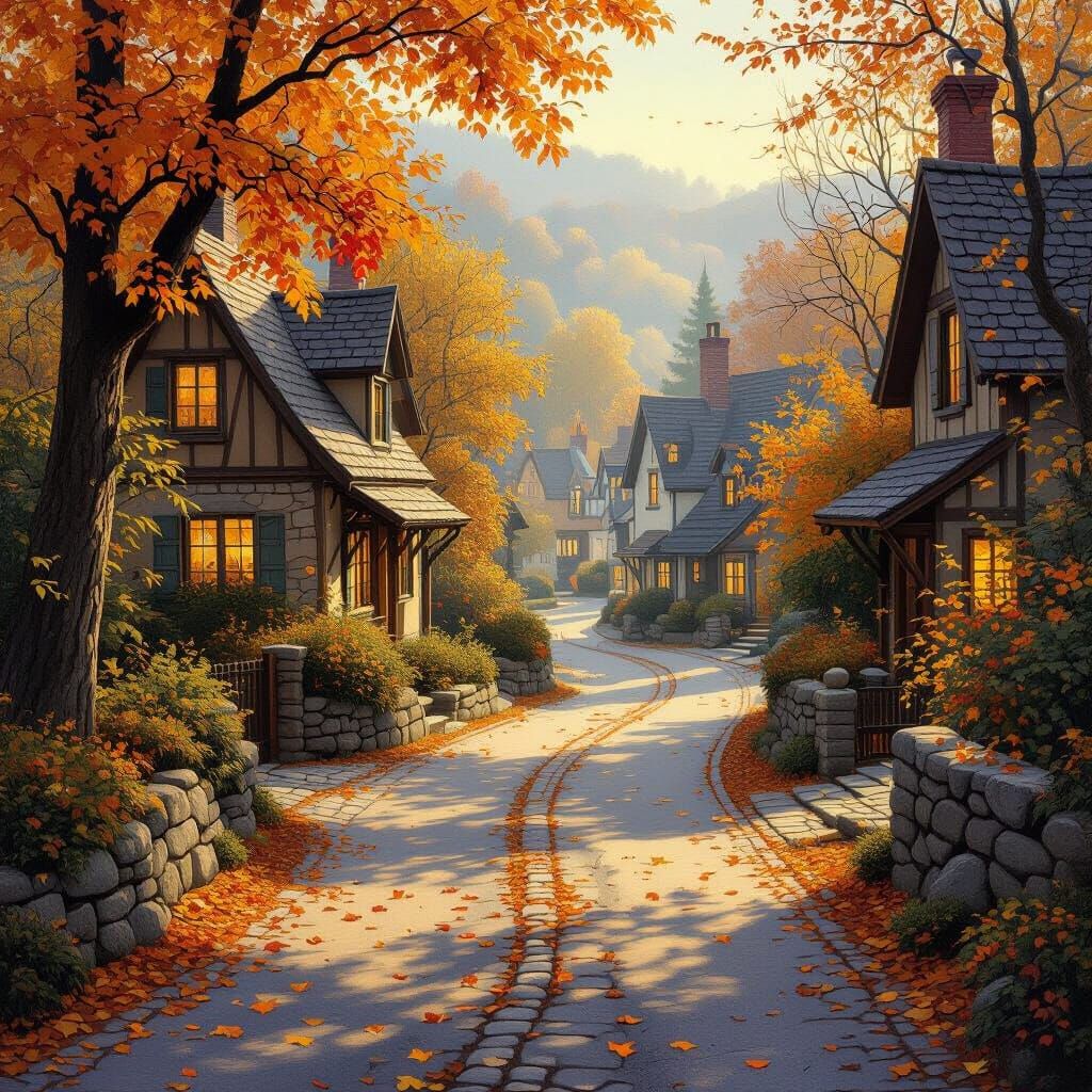 Autumn Village Road in Impressionistic Oil Painting Style