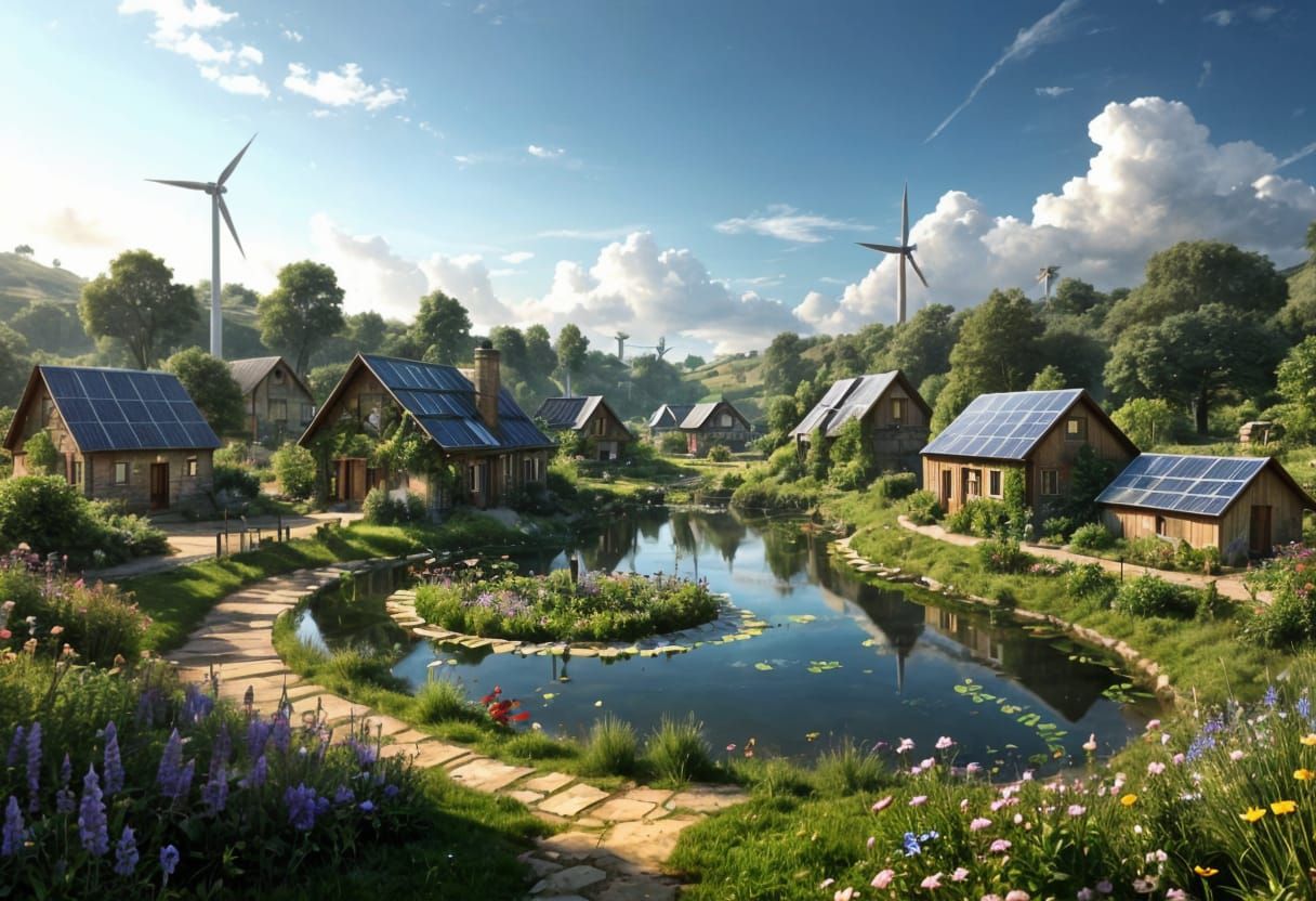 Surreal Solarpunk Village Amidst a Vibrant Wildflower Meadow