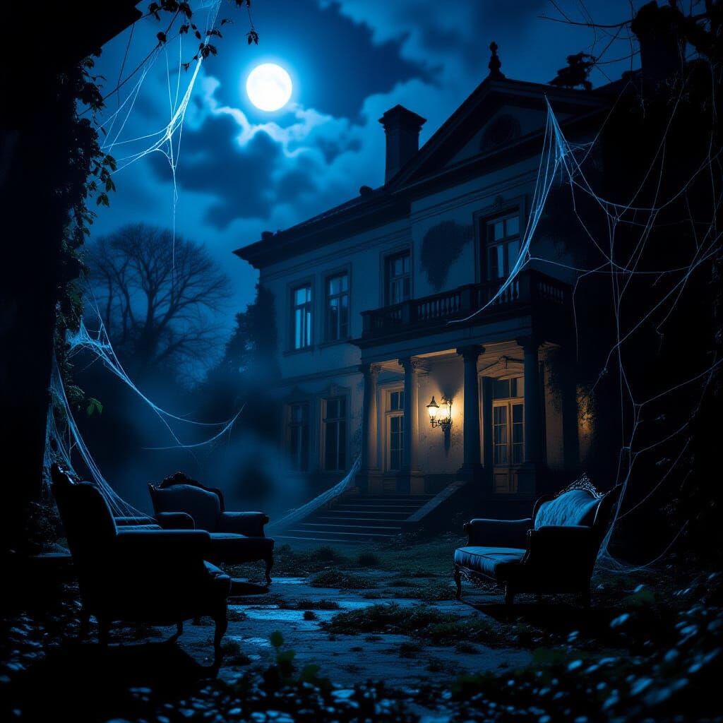 Eerie Moonlight Overgrown Villa at Night