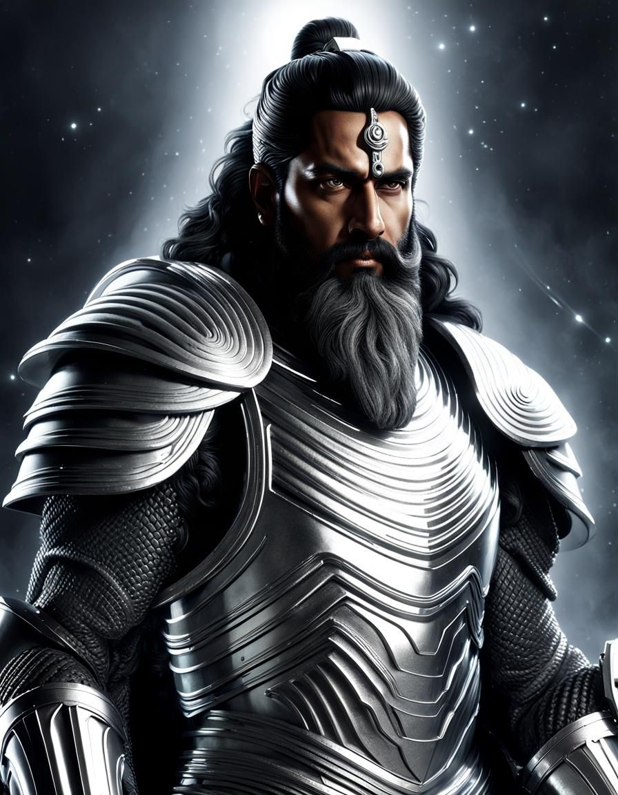 Shakuni from Mahabharata, the King of Gandhara, as a space age warrior, carrying a large laser rifle and a power sword, ...