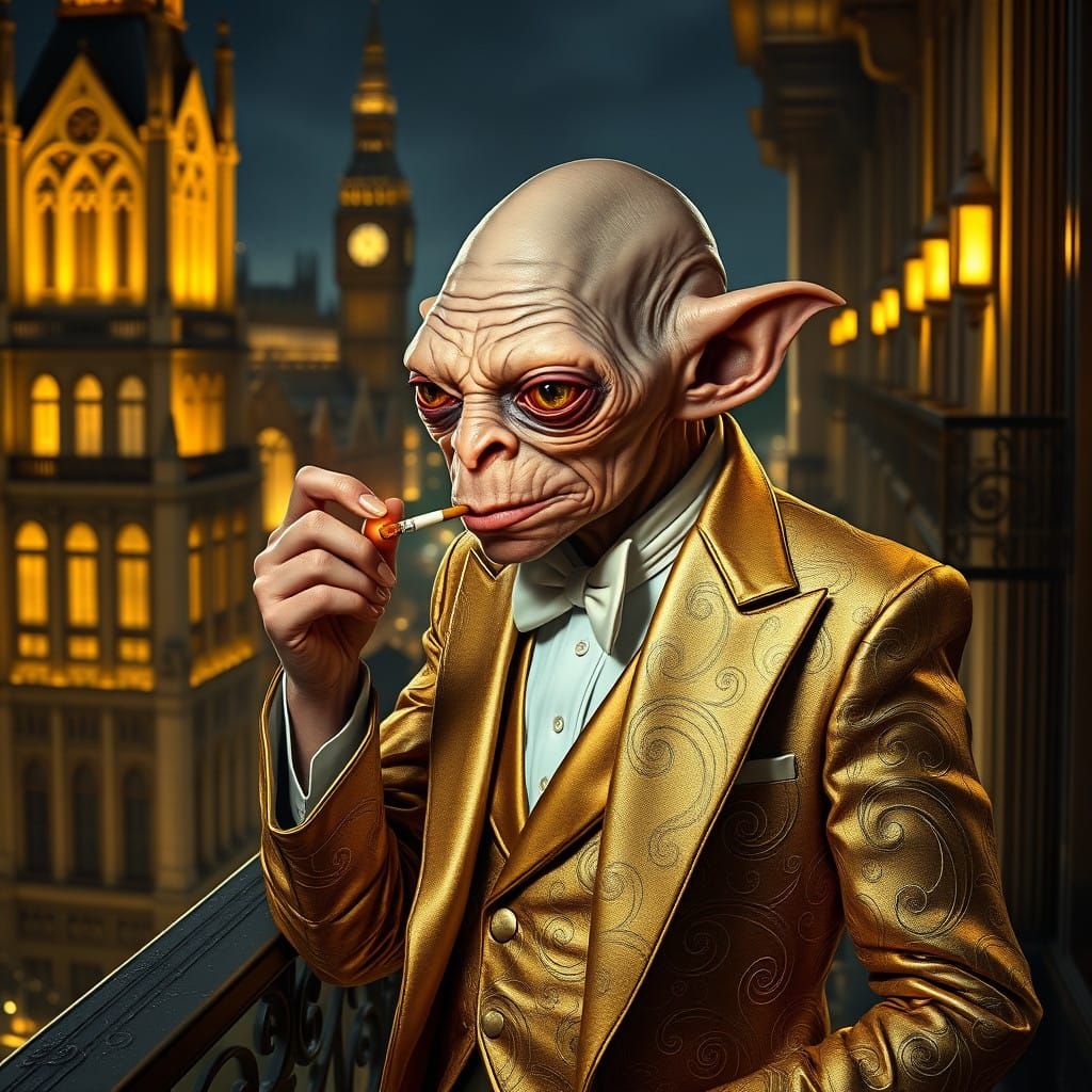 Gilded Gollum Smokes a Cigarette on a London Balcony