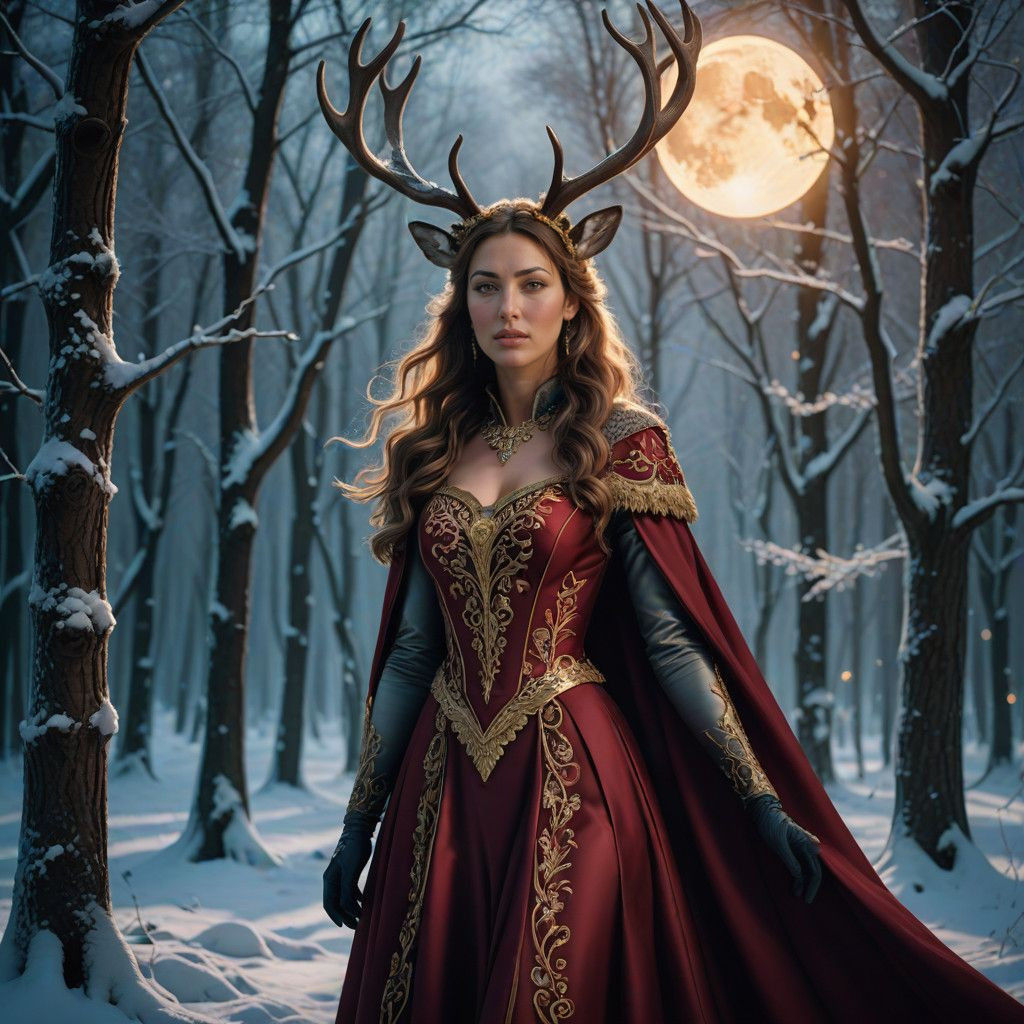 "A graceful anthropomorphic reindeeress named Seraphina, with sleek brown fur and a glowing red nose. Her slender figure...