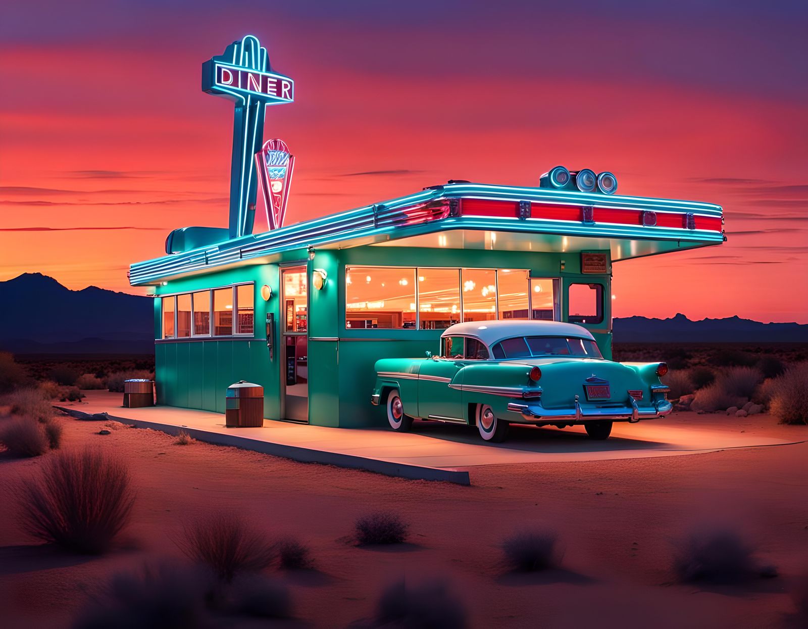 Art Deco Diner in Arizona Desert at Dusk