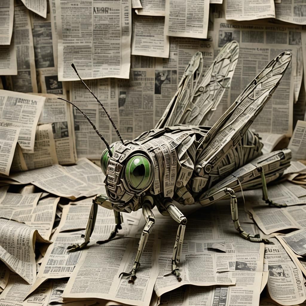 Gracious Grasshopper Sculpture Crafted from Newspaper
