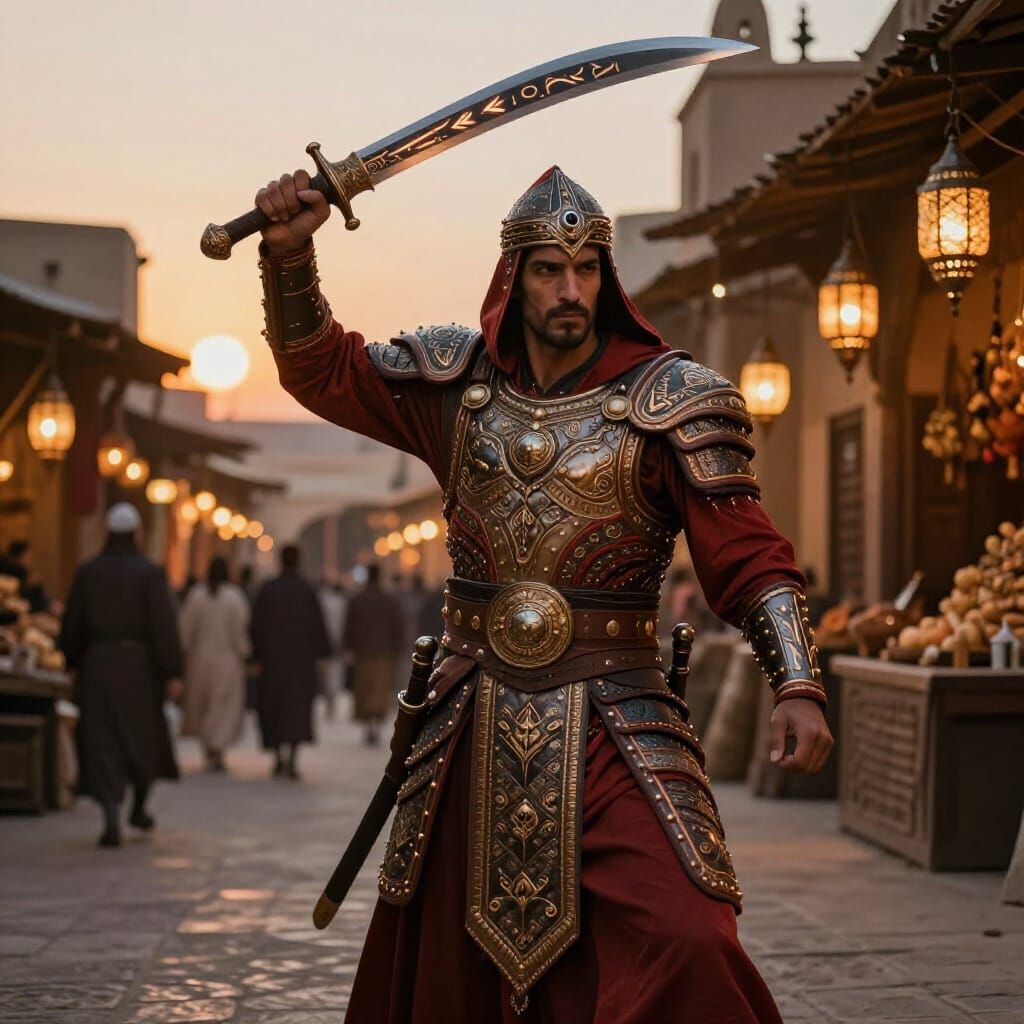 Moroccan Warrior in Tagine Armor with Glowing Scimitar