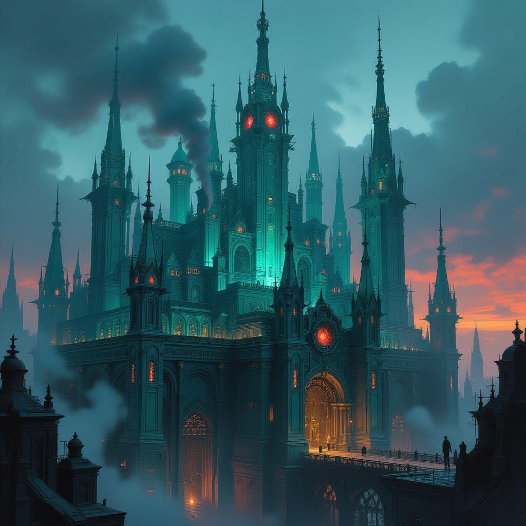 Gothic Technopunk Fortress of Copper and Obsidian