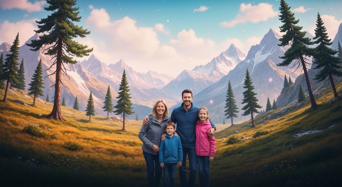 Family Smiles in Surreal Dali-Inspired Alpine Landscape
