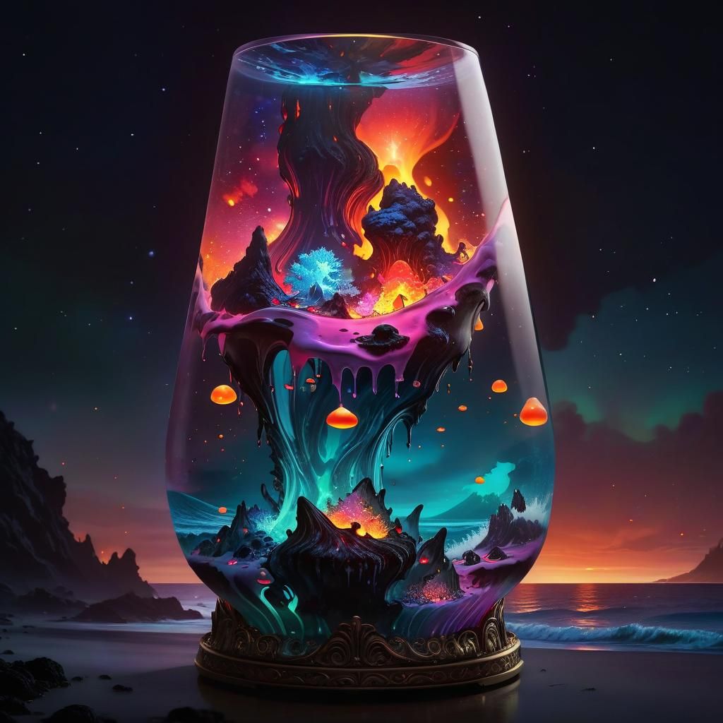 Glowing Lava Lamp with Galaxy and Ocean, Fantasycore Art