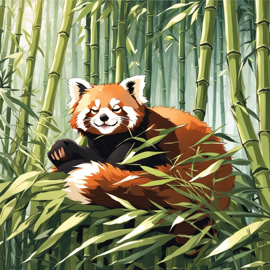 Red Panda Asleep in Bamboo Forest, Anime Style
