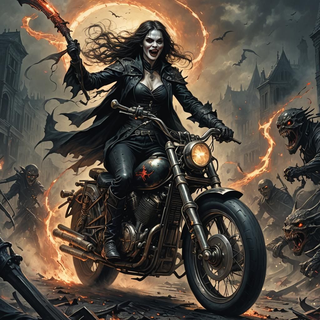 Vampire on Hellfire Motorcycle, Horror Art