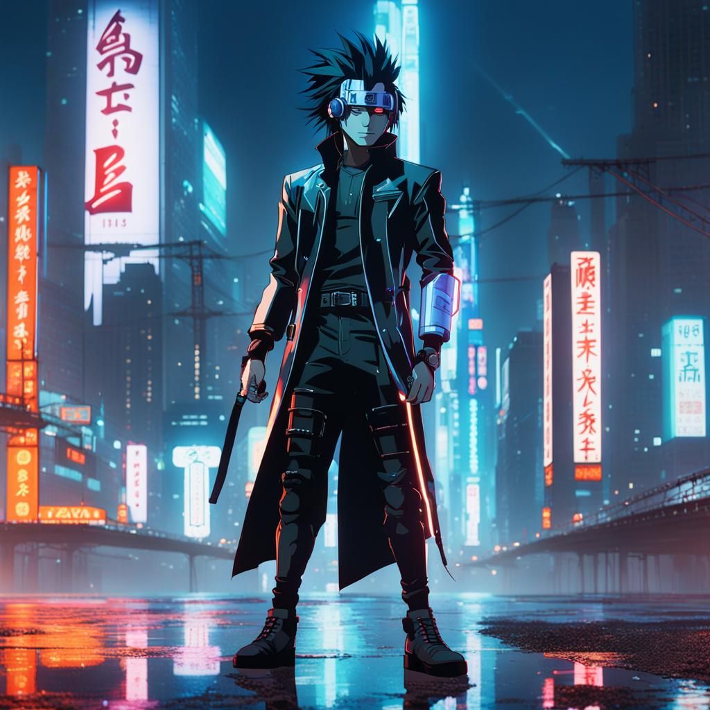 Cyberpunk Sasuke Uchiha in Dystopian Tokyo: Anime Style