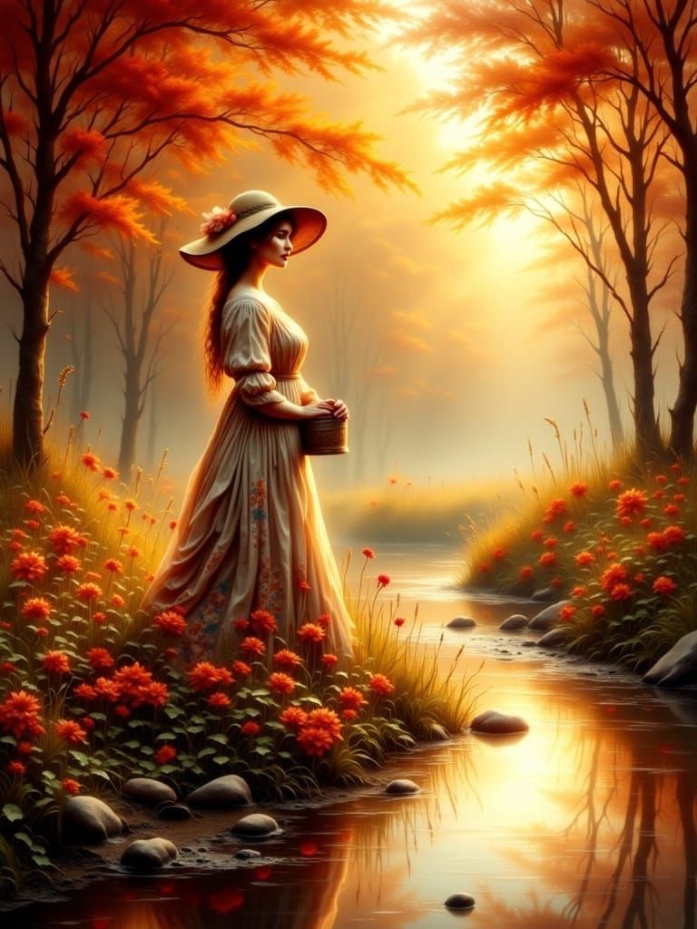 Pioneer Woman in Autumn Forest: Antique Watercolor