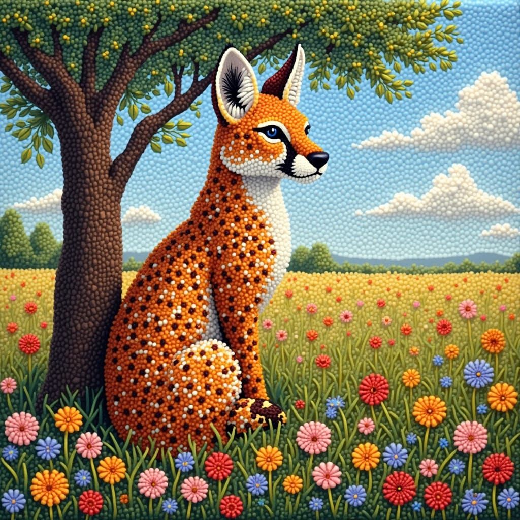 Serval in a Floral Field, Beadwork Art