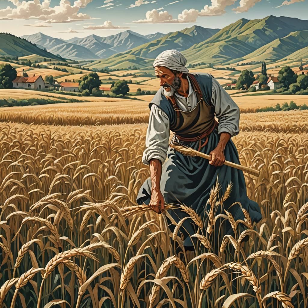 Medieval Peasant Harvesting Wheat at Twilight