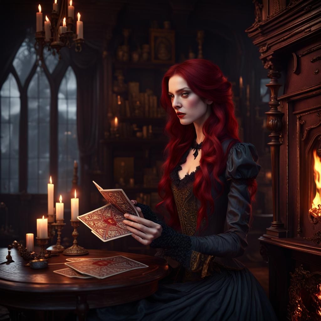 Victorian Vampire Reading Tarot Cards: Fantasy Art