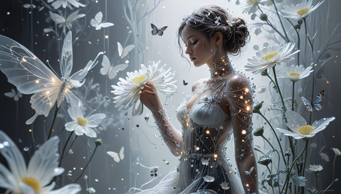 Woman with Glass Flower: Impressionist Mixed Media Art