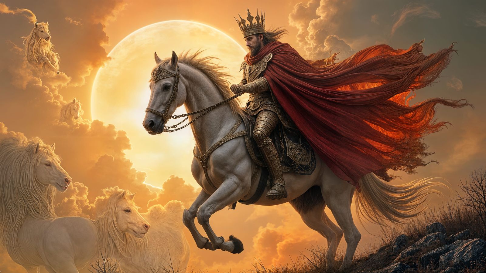 Majestic Warrior on White Horse, Dramatic Lighting