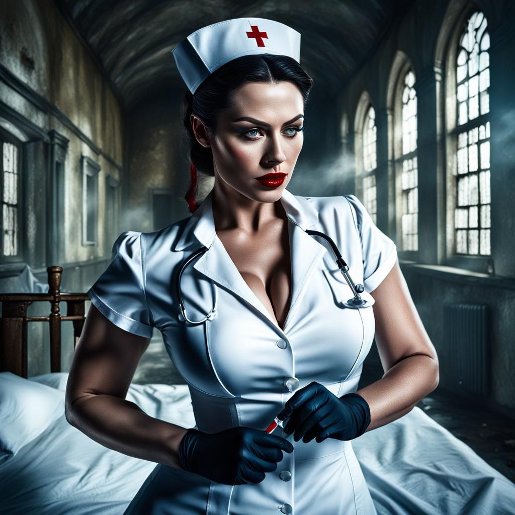 Nurse with Syringe in Asylum: Detailed Digital Painting
