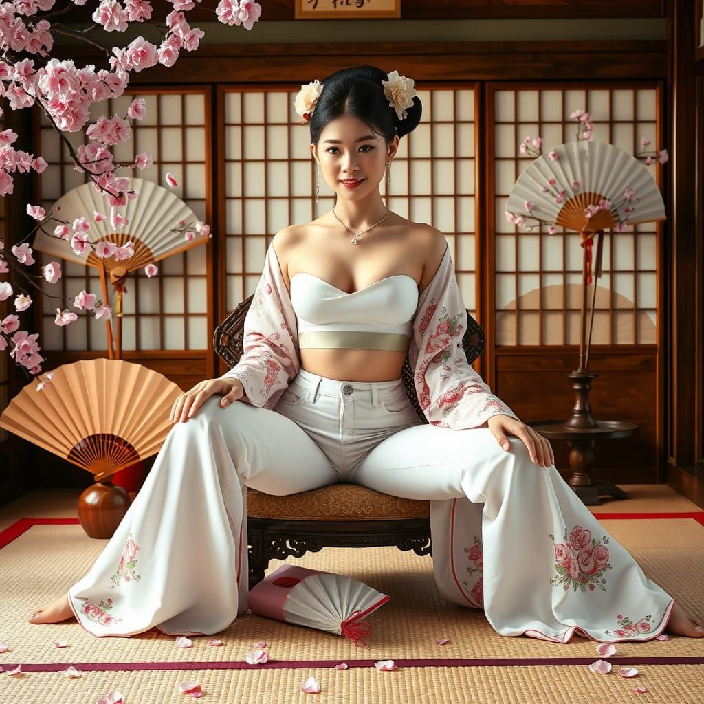 Geisha in Modern Fashion with Cherry Blossoms