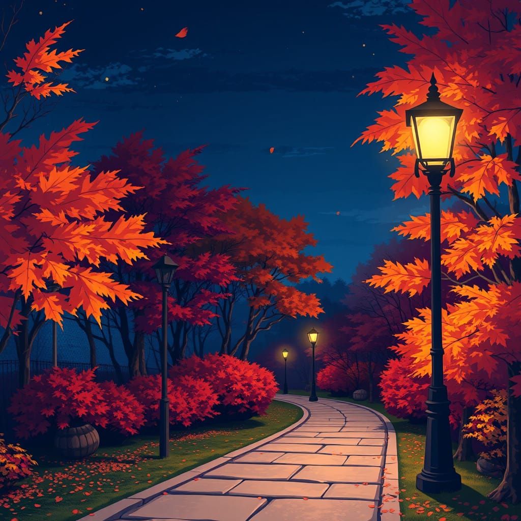Vibrant Autumn Night Anime Scene with Deep Colors