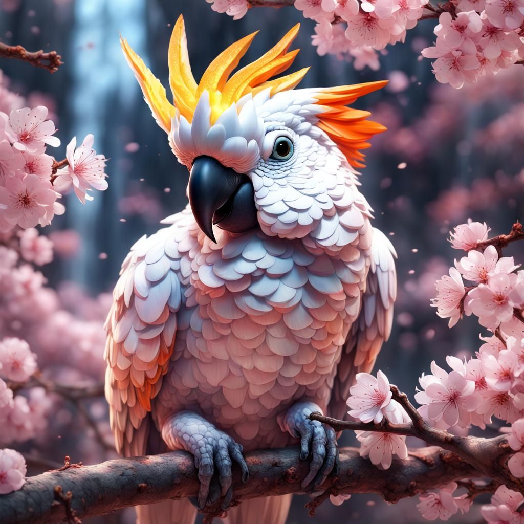 Cockatoo with Orange and Cherry Blossoms: 3D Digital Art