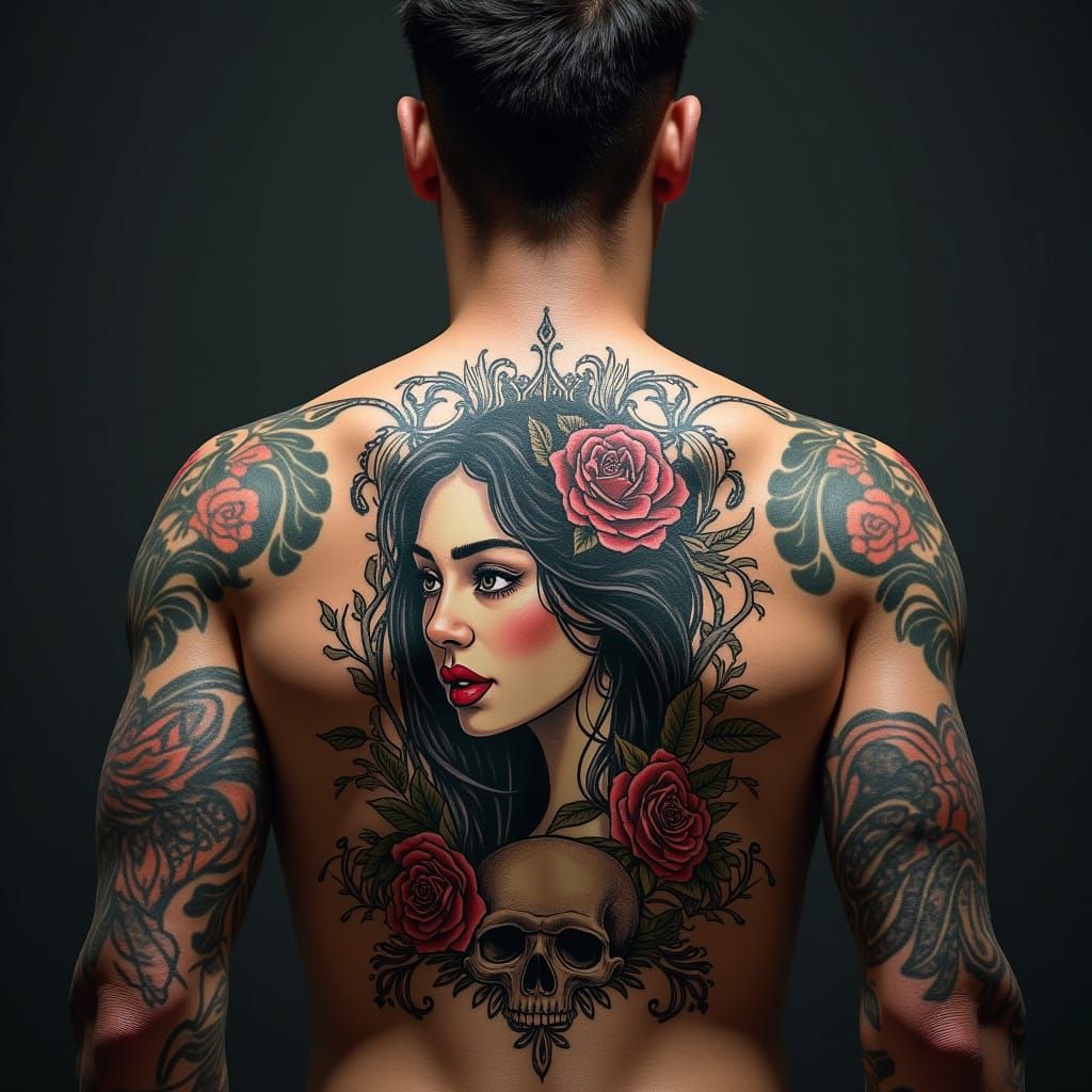 Hot Tattooed Man with Vintage Grayscale Portrait Tattoo and...