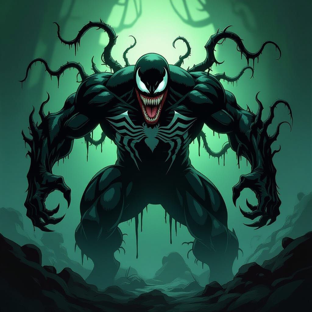 Menacing Venom Symbiote in Dark Comic Art Style
