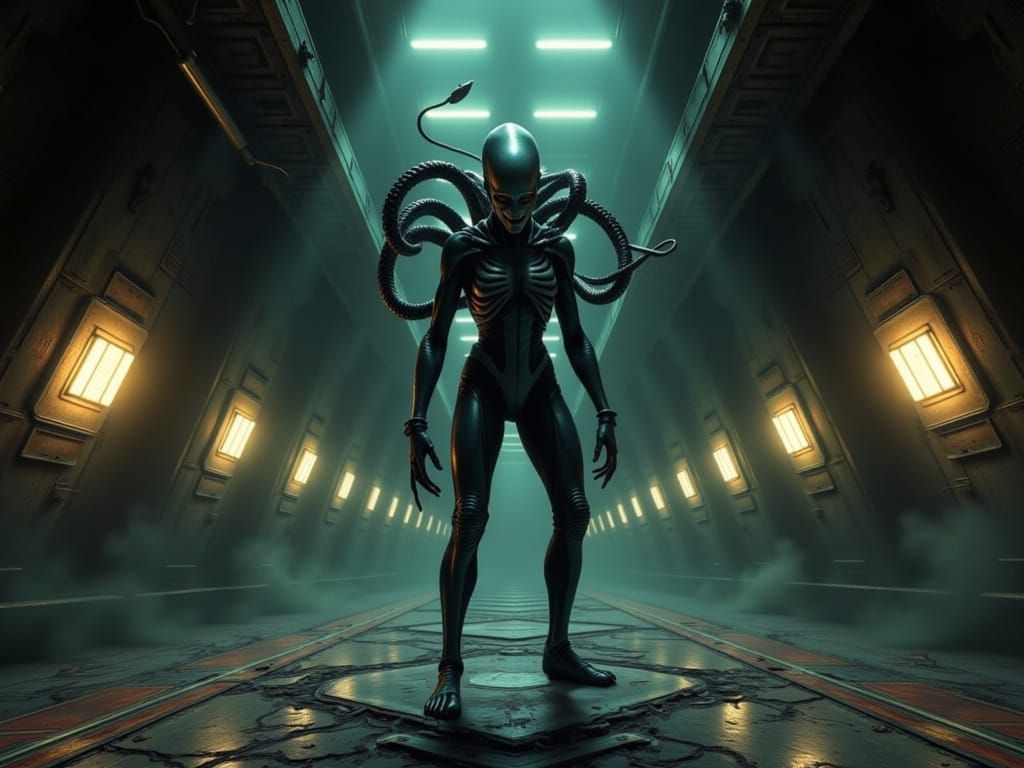 Queen Xenomorph in Liminal Spaceship with Glowing Lights