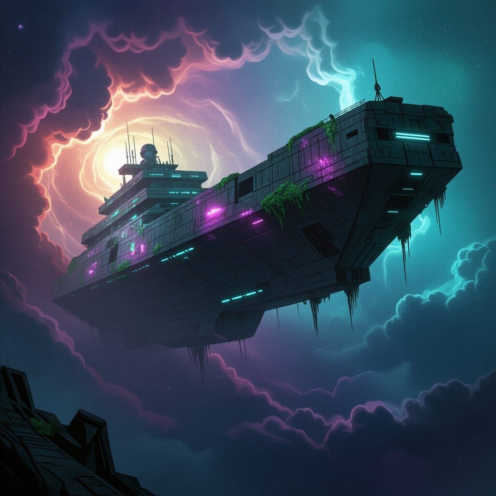 Ancient Starship Drifting Through Cosmic Nebula