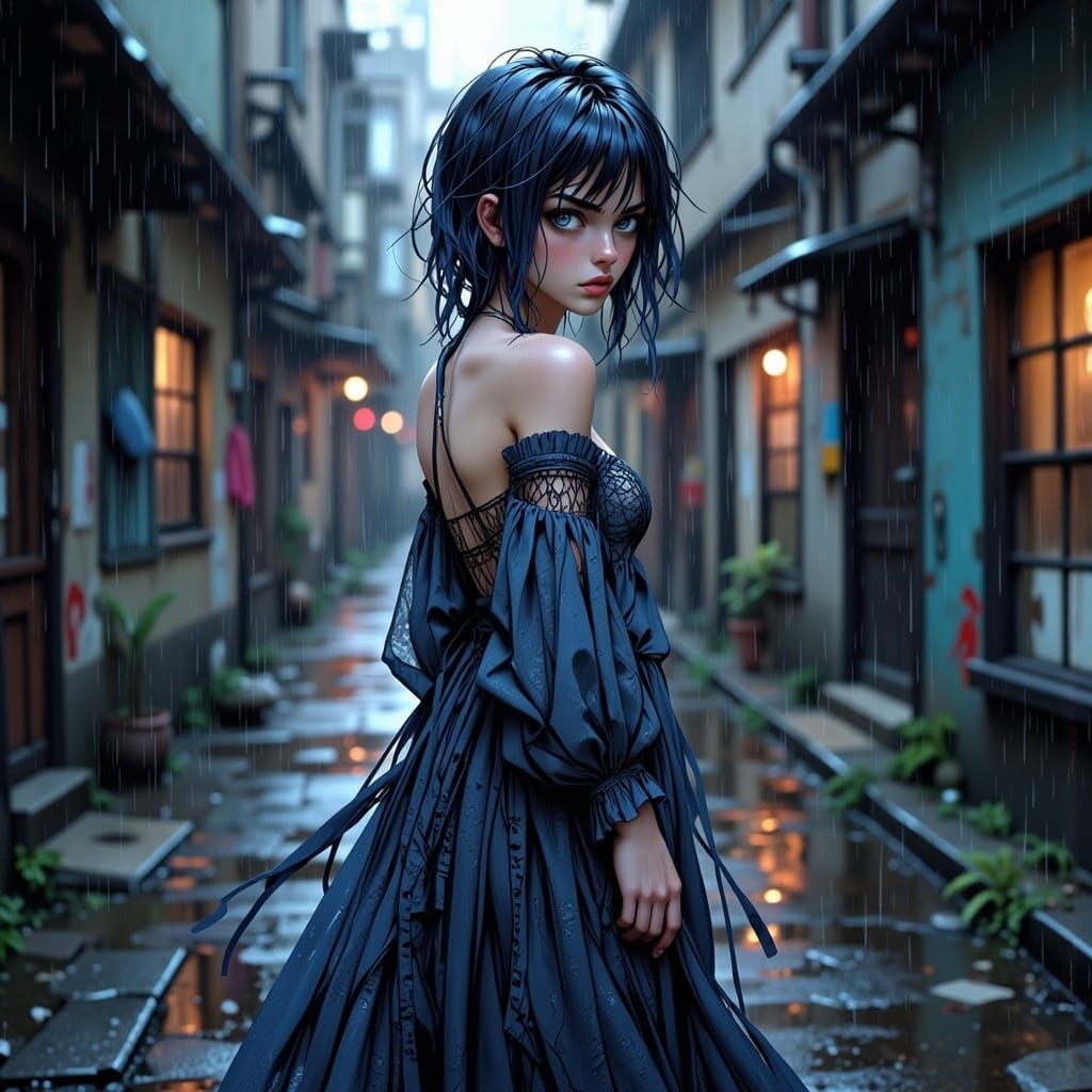 Melancholic Beauty in Rain, Anime Style Portrait