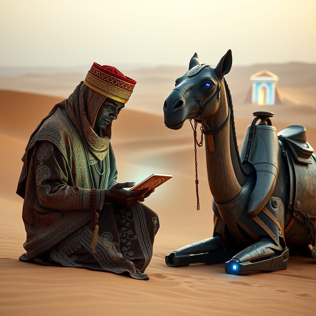 Tuareg Trader Inspects Golden Cybernetic Artifact in Futuris...
