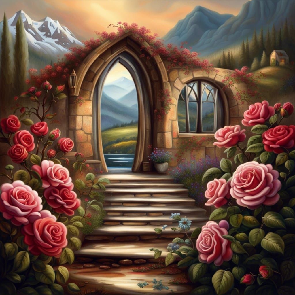 Valley Cottage and Roses Oil Painting