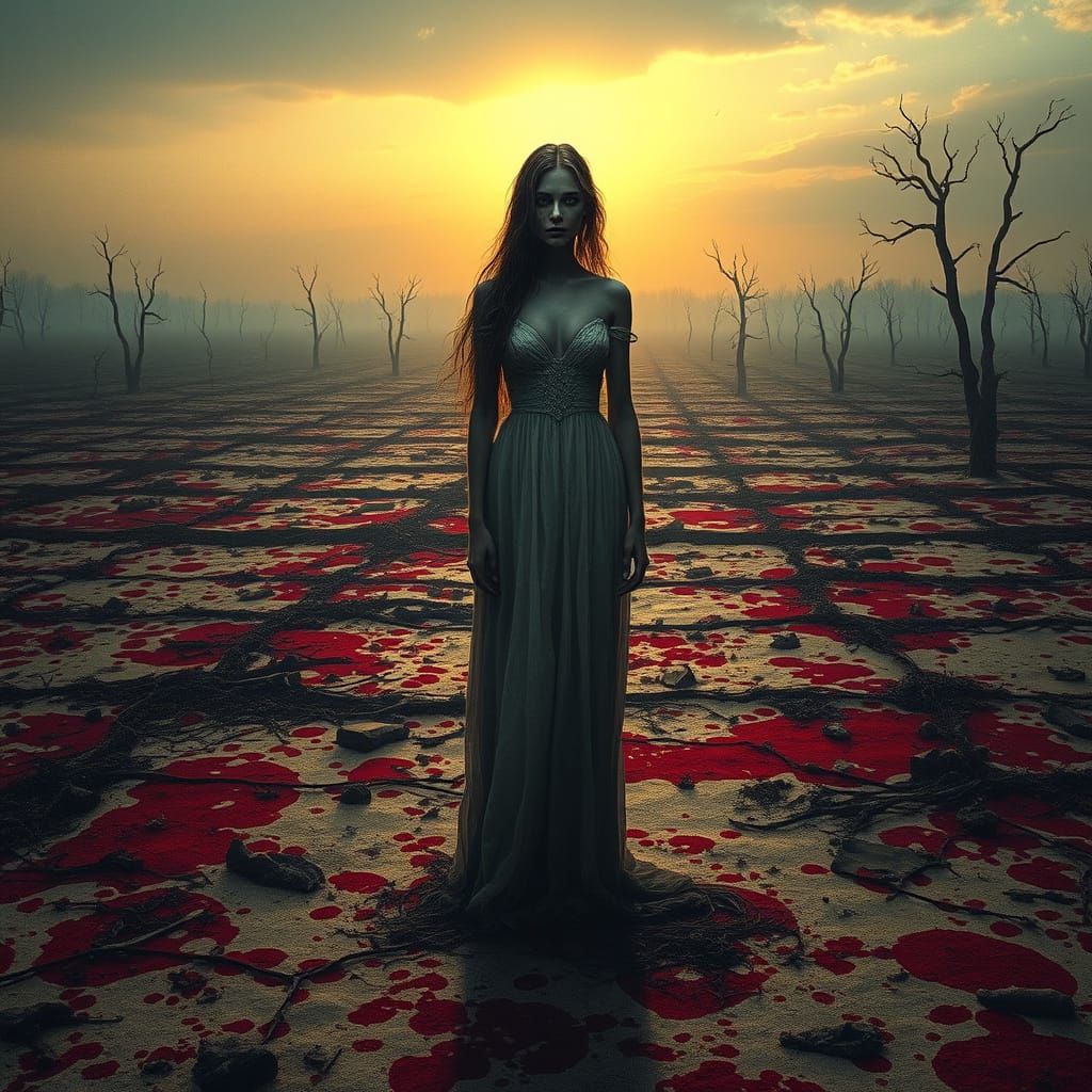 Haunting Figure Emerges from a War-Torn Landscape