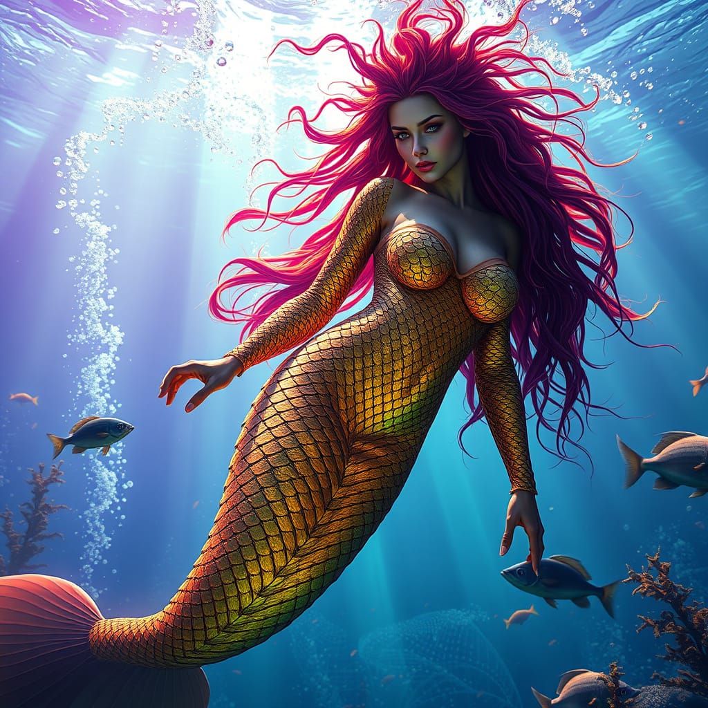 Majestic Mermaid Goddess in Neon Oceanic Splendor