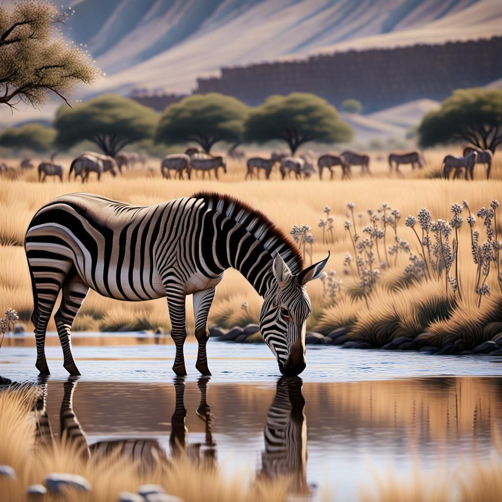 Pregnant Zebra Drinking in South-West Africa