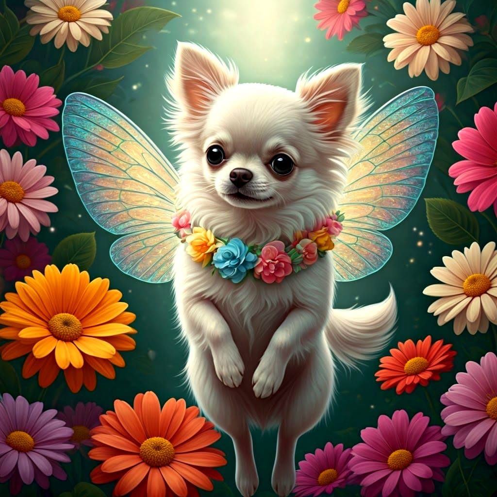 Winged Chihuahua Flying Among Multicolored Flowers