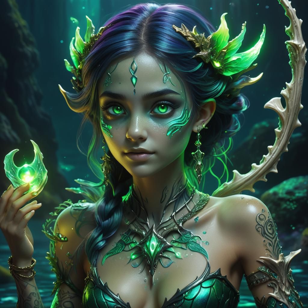 Mermaid Necromancer with Bioluminescent Tattoos