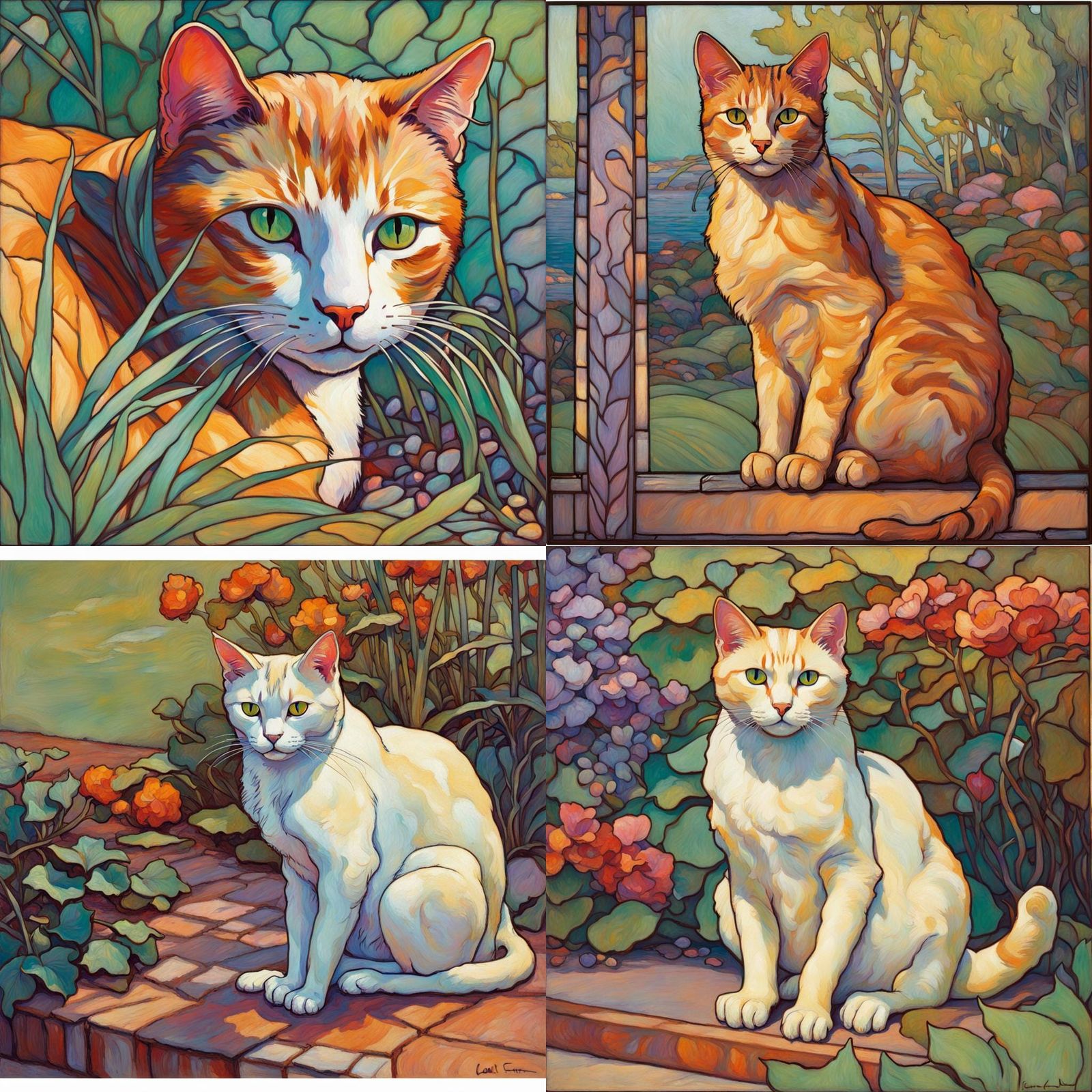 Stained Glass Cat with Impressionistic Brushwork