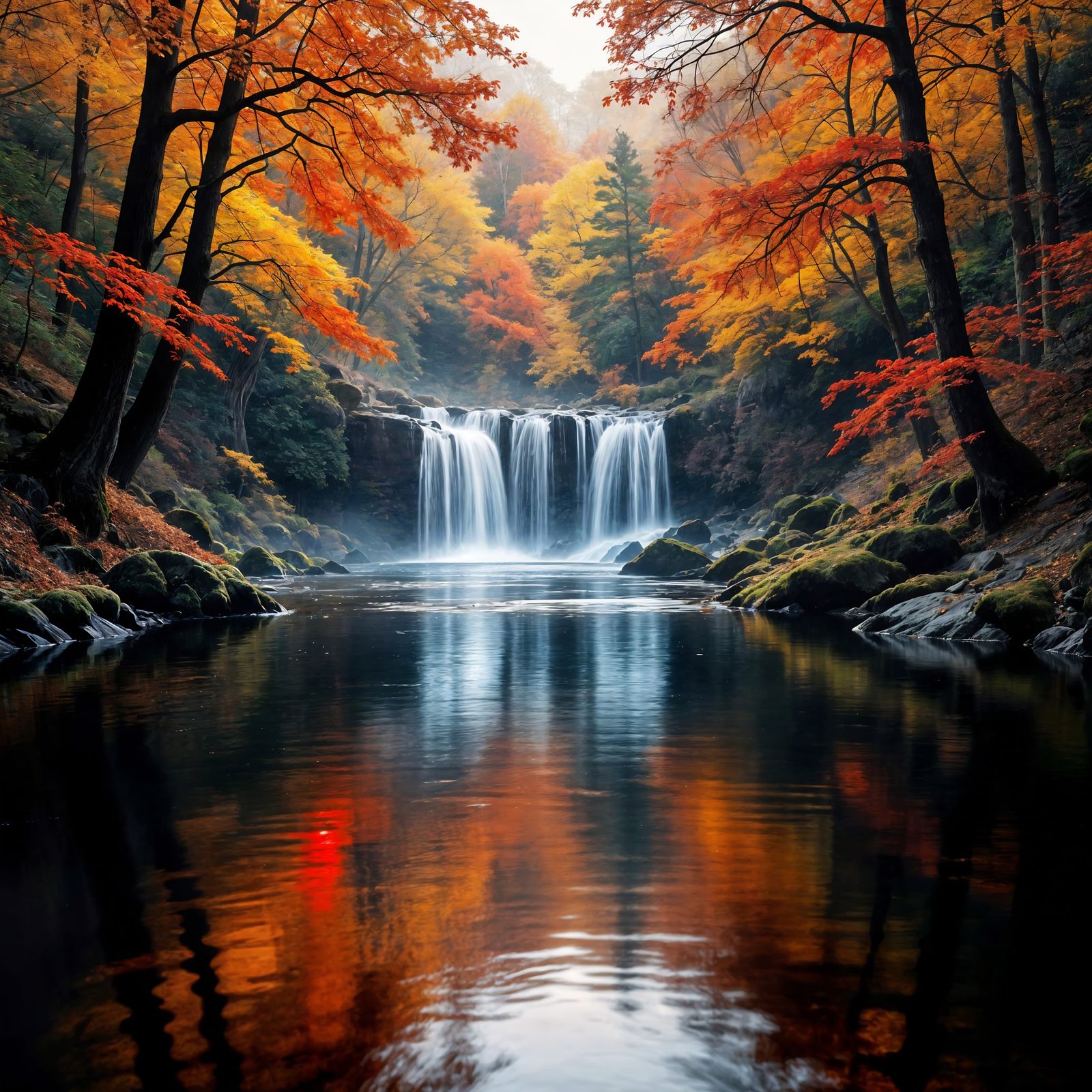 Abstract Autumn Reflections: Waterfall and Leaves in Digital...