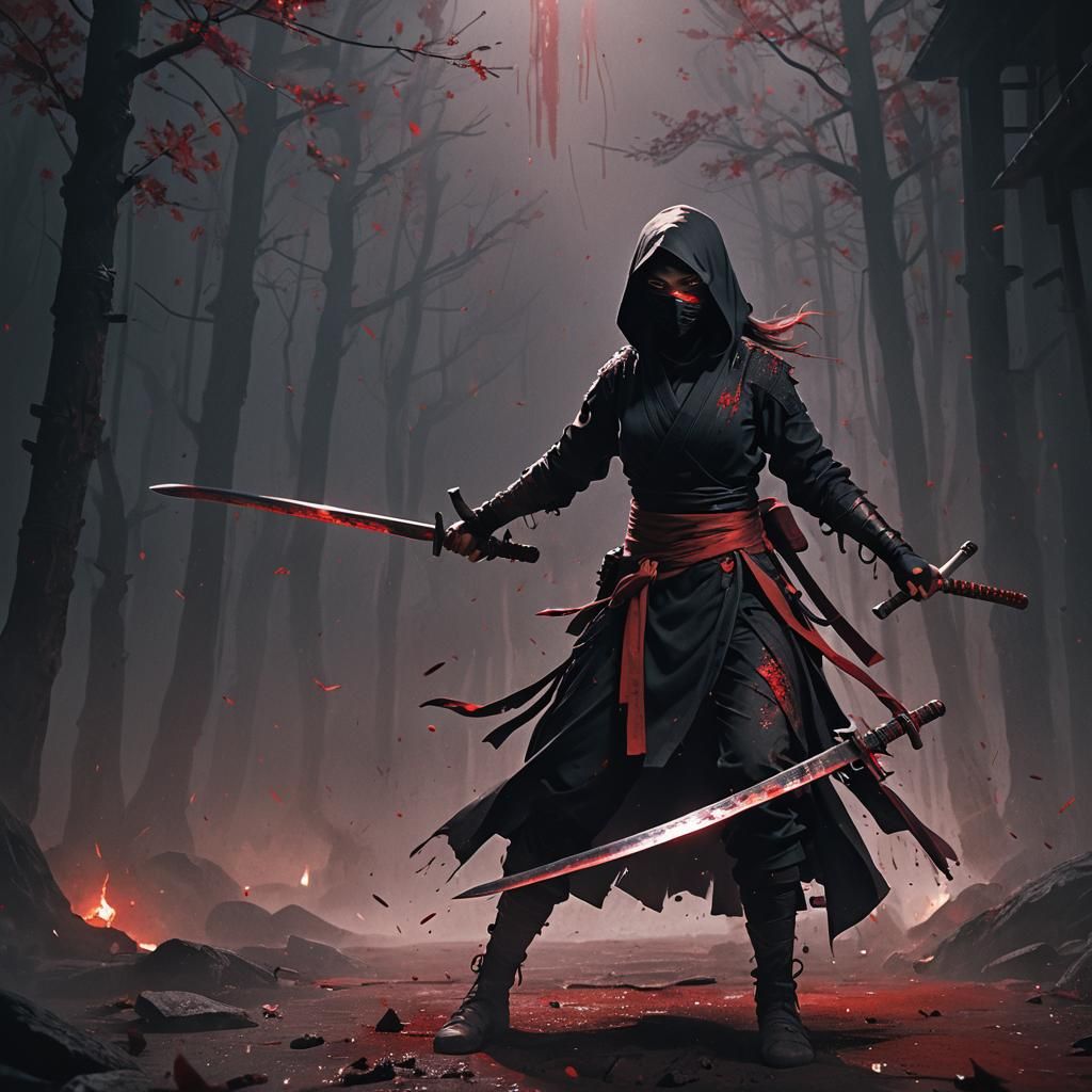 Bloodied Ninja with Red Sword in Dark Fantasy Style