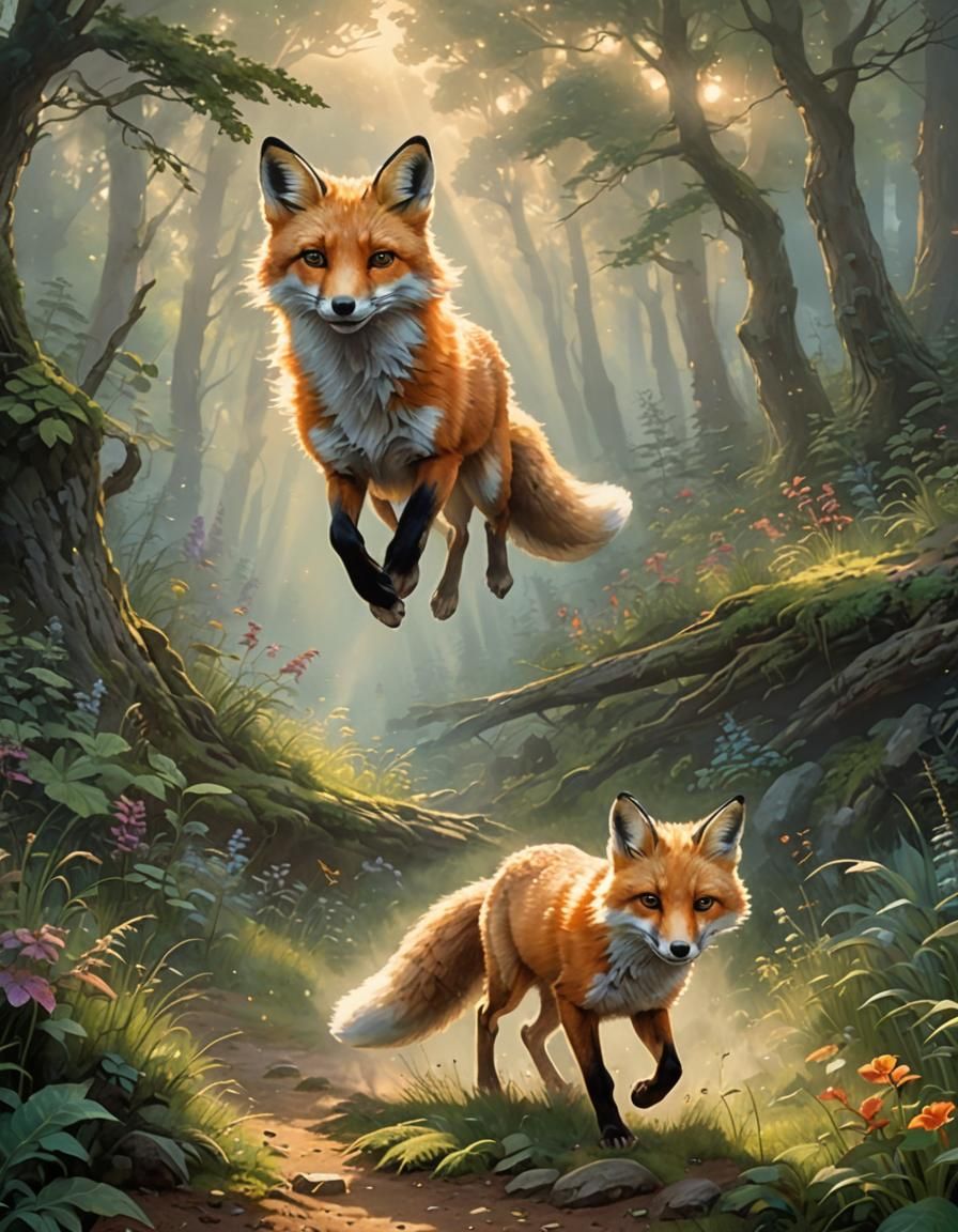 Cute Fox Runs Through Summer Sunrise Forest