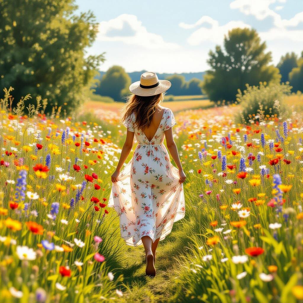 Woman in Wildflower Meadow, Impressionist Style