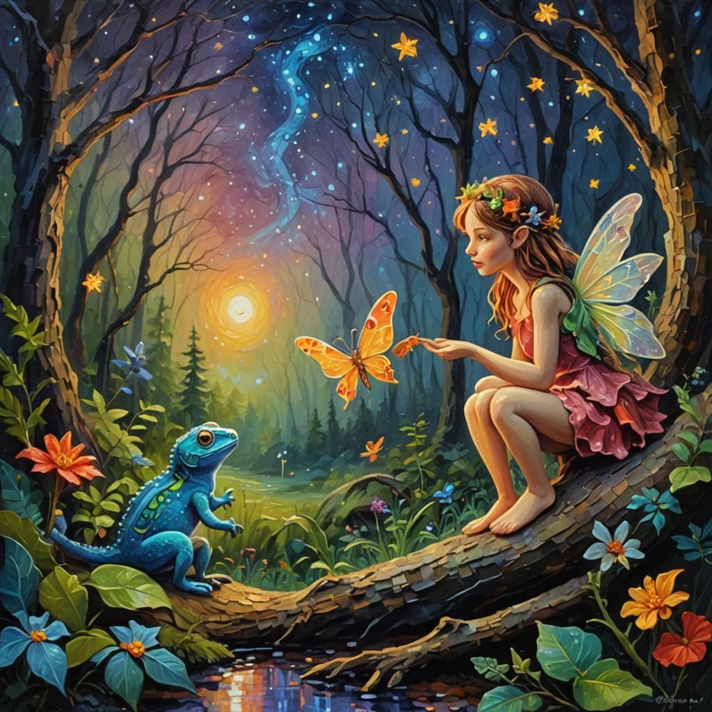 Fairy and Gecko Converse on Starry Night: Impasto Oil Painti...