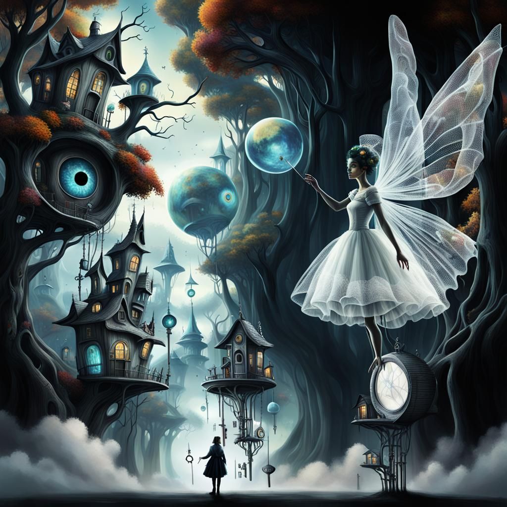 Autumn City with Fairy Godmother: Surreal Digital Art