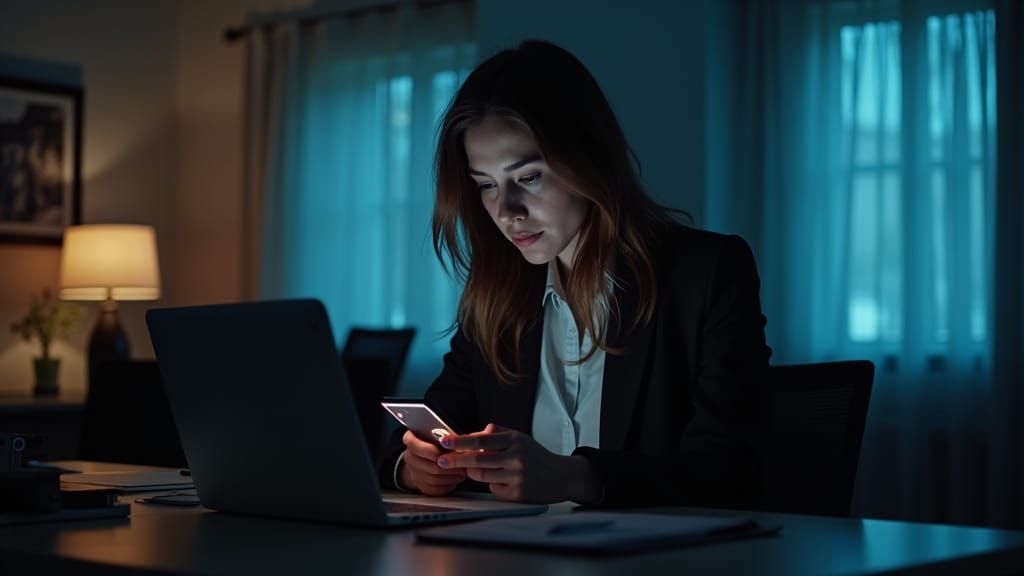 Cinematic Office Scene: Woman with Mobile Phone