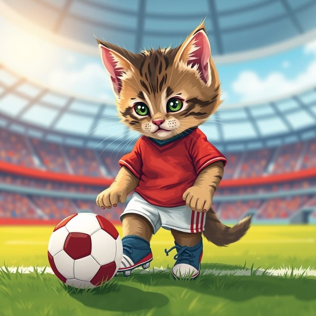 Whimsical Soccer Kitten in Colorful Stadium