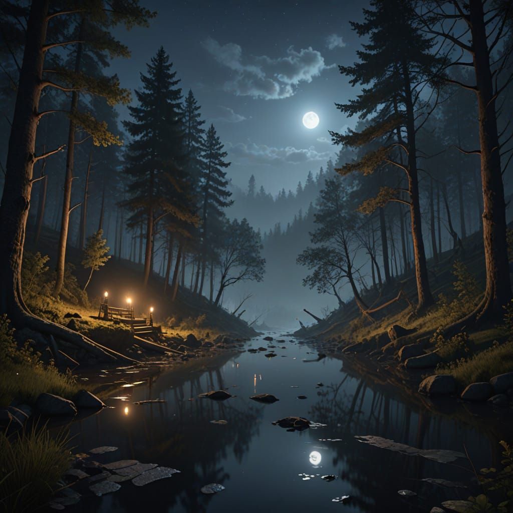 Surreal Forest River at Night in Deep Color and Intricate De...
