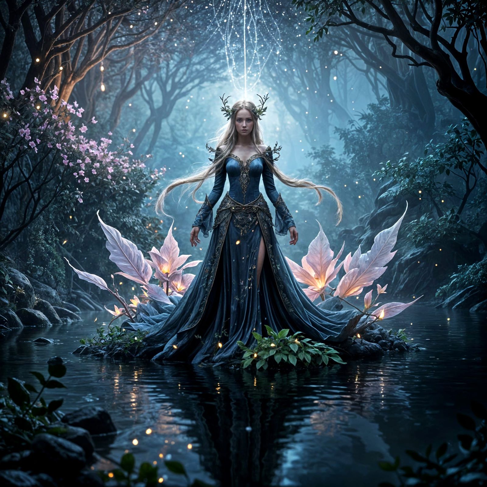 Elven Woman by River in Hyperrealistic Fantasy Art